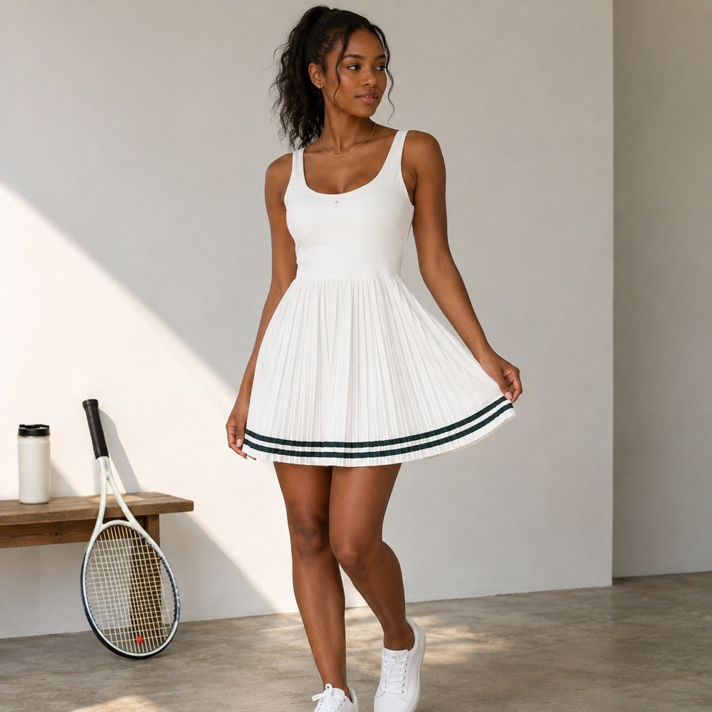 Tuckernuck Studio McGee Tennis Dress White Womens S Pleated Striped Hem NWT - Picture 1 of 10